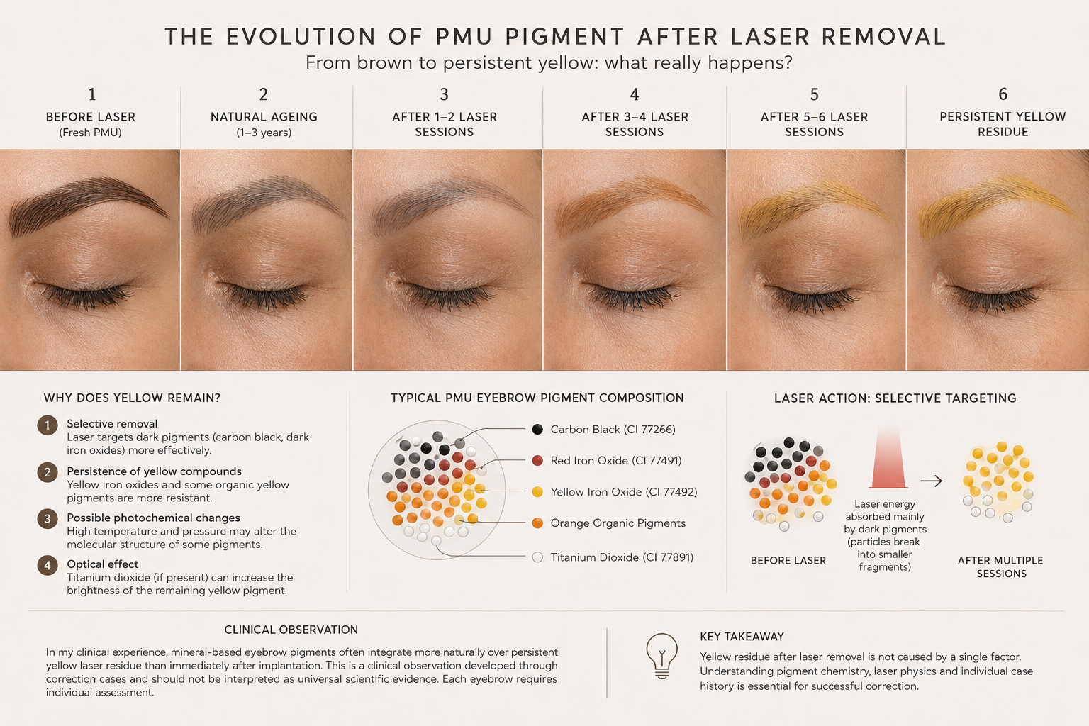 The evolution of PMU pigment after laser removal — from fresh brown to persistent yellow residue