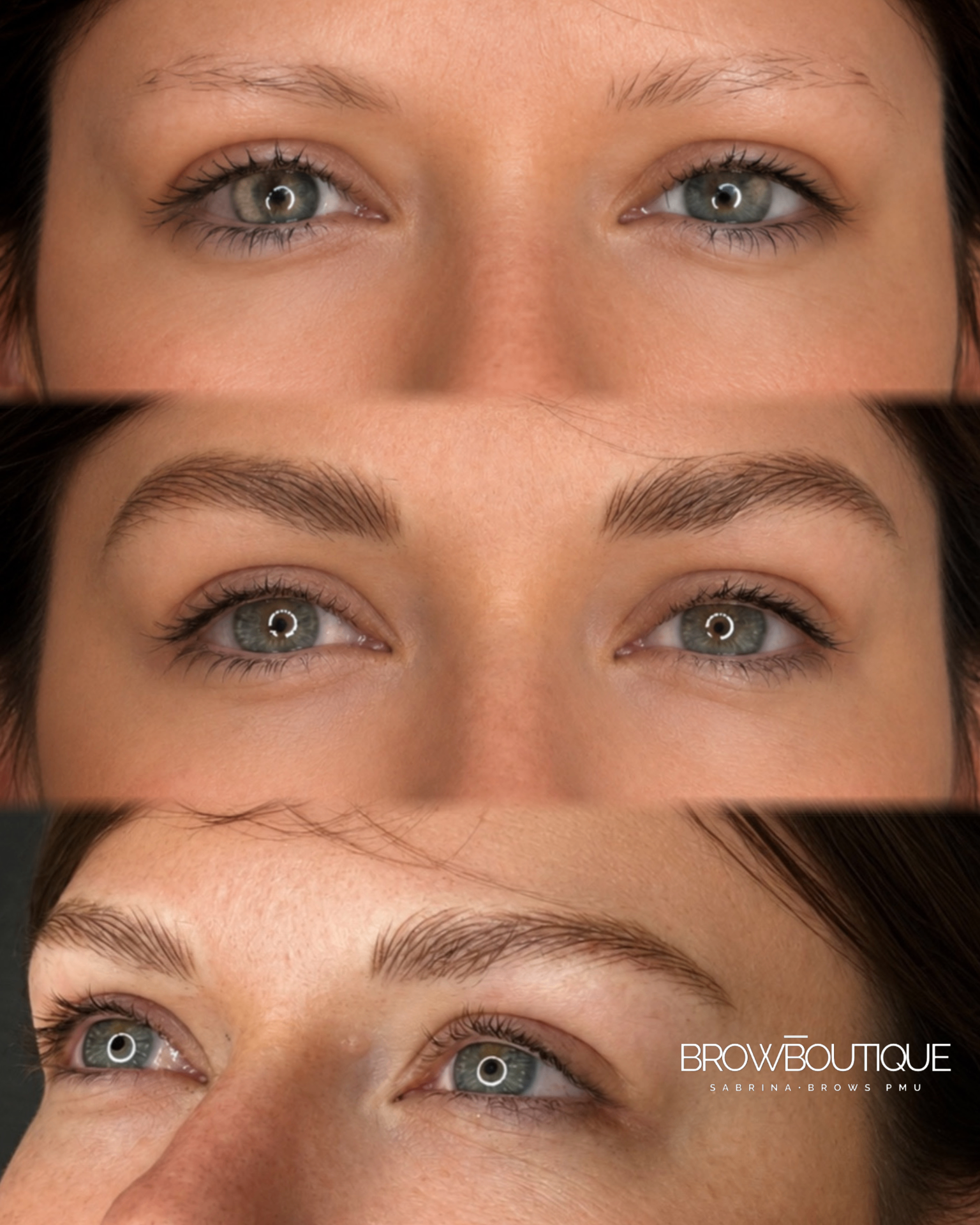 Breath Brows full eyebrow reconstruction before, immediately after, and healed result by Sabrina Zanin