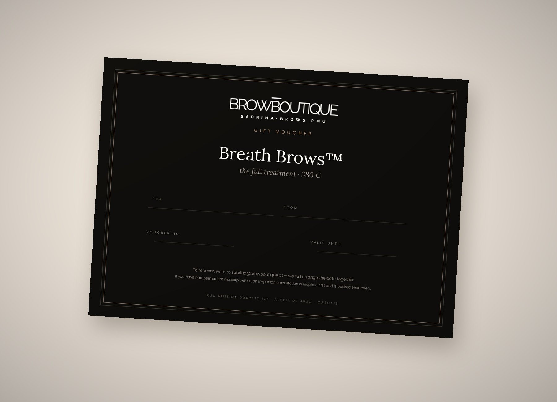 Browboutique printed gift voucher card for an eyebrow permanent makeup treatment by Sabrina Zanin in Cascais, 380 €