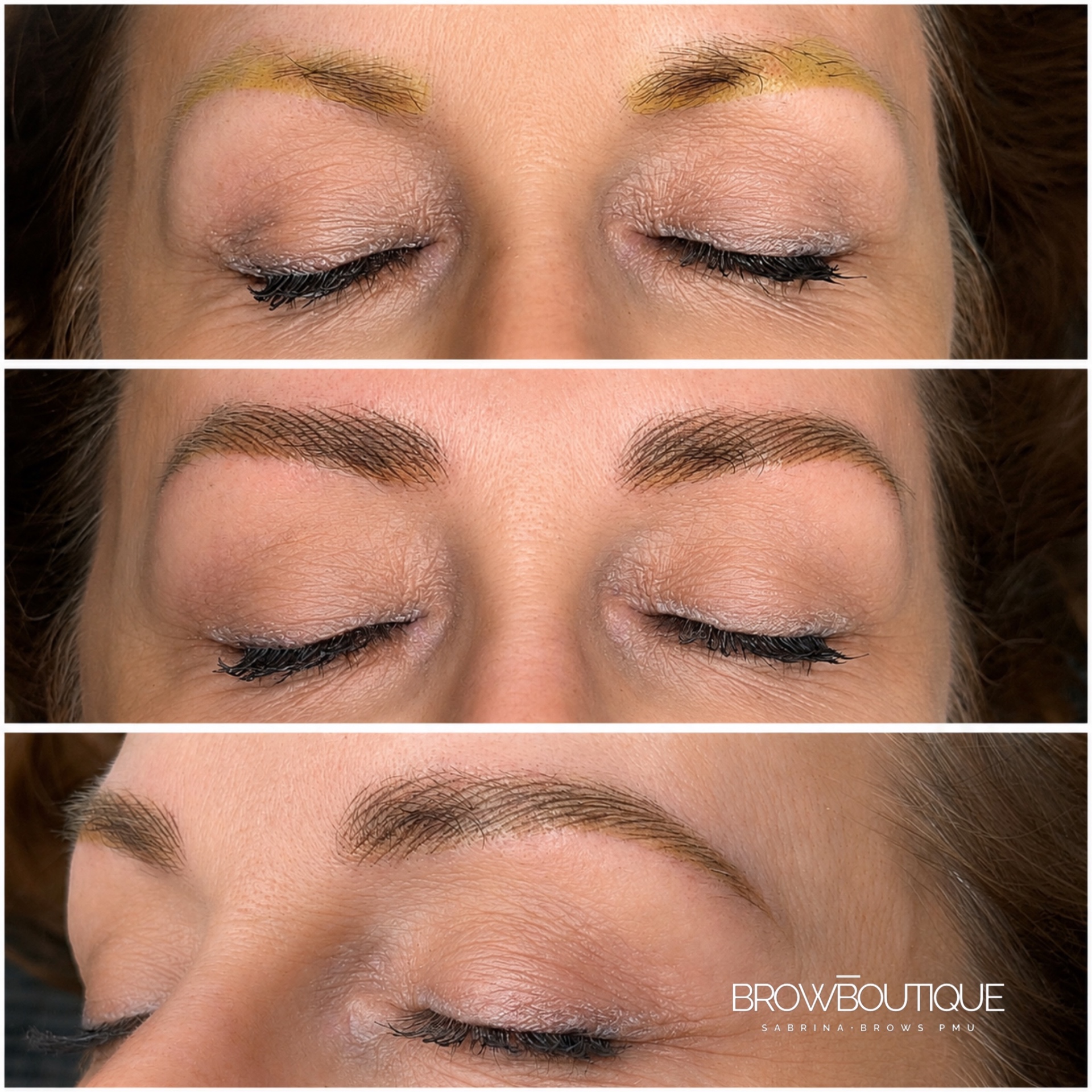 Post-laser yellow brows corrected with mineral pigments — the same client shown before, during and after the mineral-pigment treatment