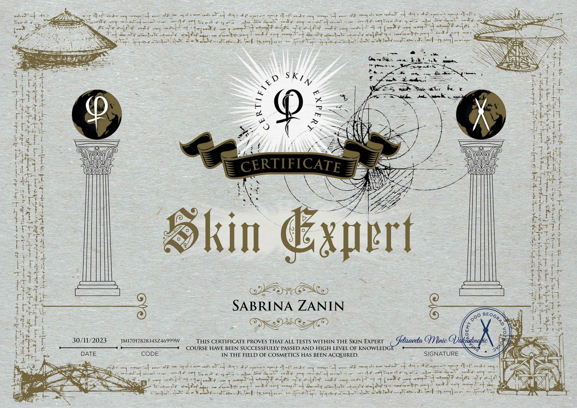 Certified Skin Expert certificate — Sabrina Zanin