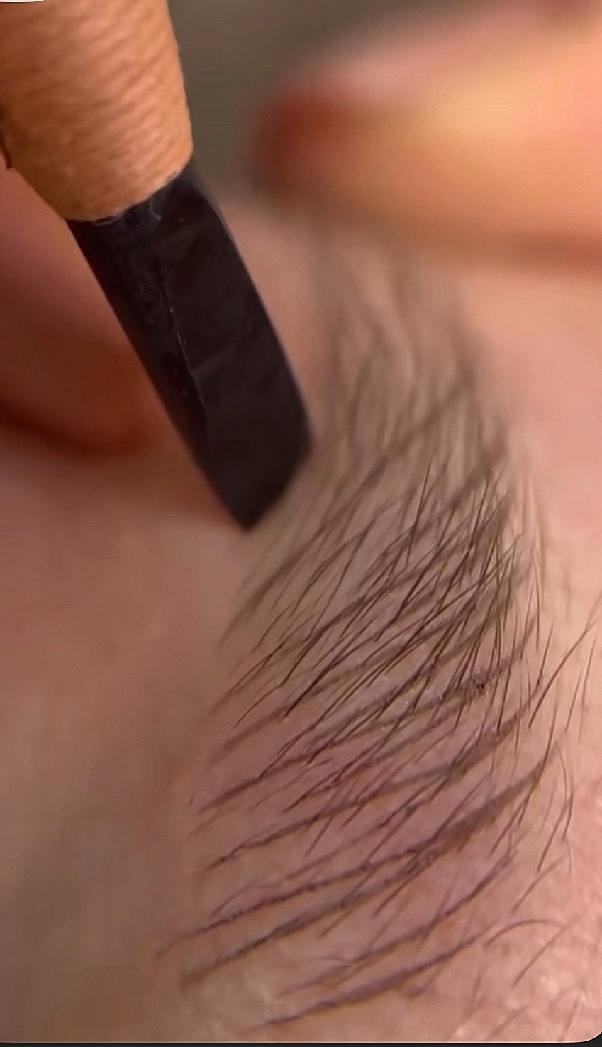 Sabrina Zanin drawing individual eyebrow hair simulation with pencil during in-person brow mapping consultation