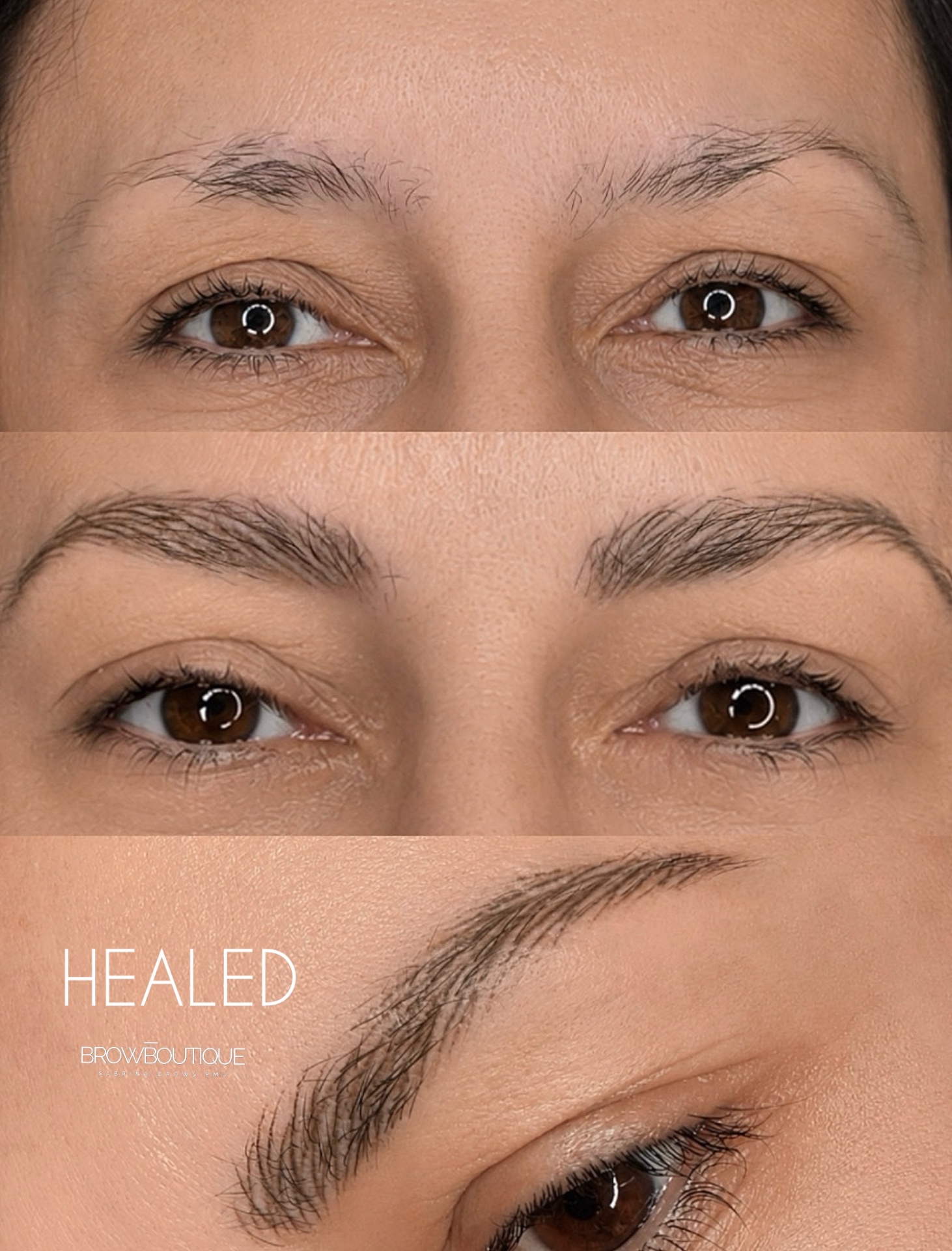 Before, immediately after and healed hyperrealistic brows on mature skin — Browboutique Cascais