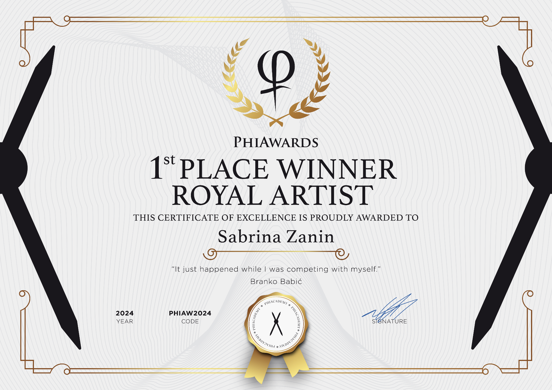 PhiAwards 2024 Royal Artist winner certificate — Sabrina Zanin Browboutique Lisbon